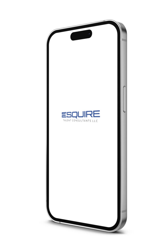 Esquire Talent Consultants logo displayed on an iPhone screen against a white background